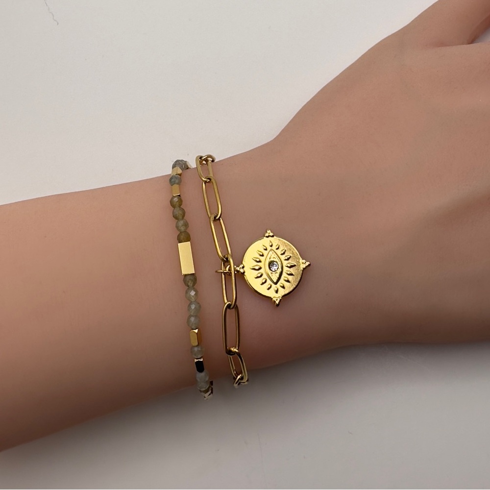 Natural stone double Stacking bracelet with evil eye pendant